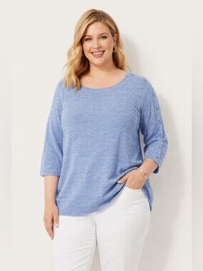 Talbots Plus 3X Blue Heathered Sweater Knit Top Button Sleeve 3/4 Sleeve Coastal